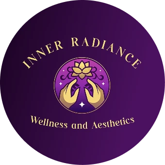 Inner Radiance logo with lotus flower and hands, text reads Wellness and Aesthetics
