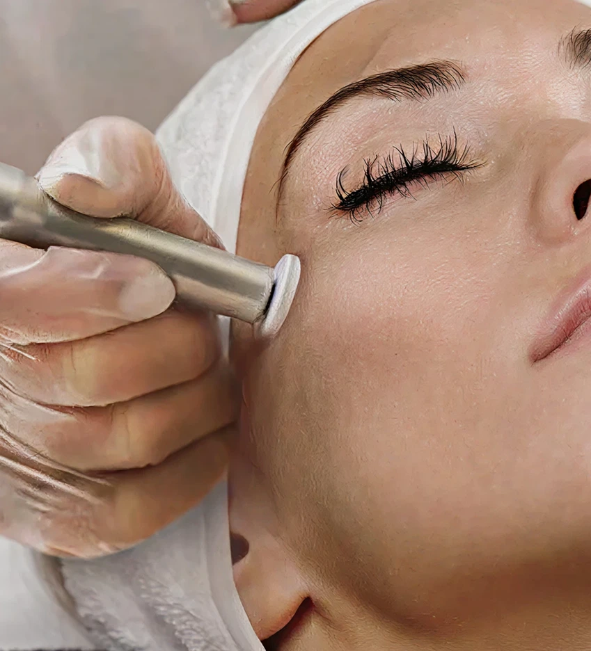 Practitioner performing microchanneling treatment on patient's cheek with handheld device