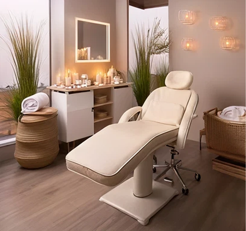Spa treatment room with cream-colored aesthetic bed, illuminated mirror, candles, plants, and ambient lighting