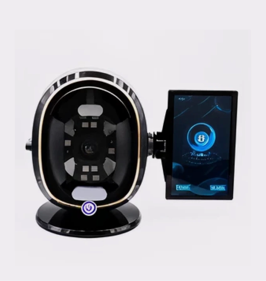 Skin analyzer device with oval scanning head and digital touchscreen displaying skin analysis results