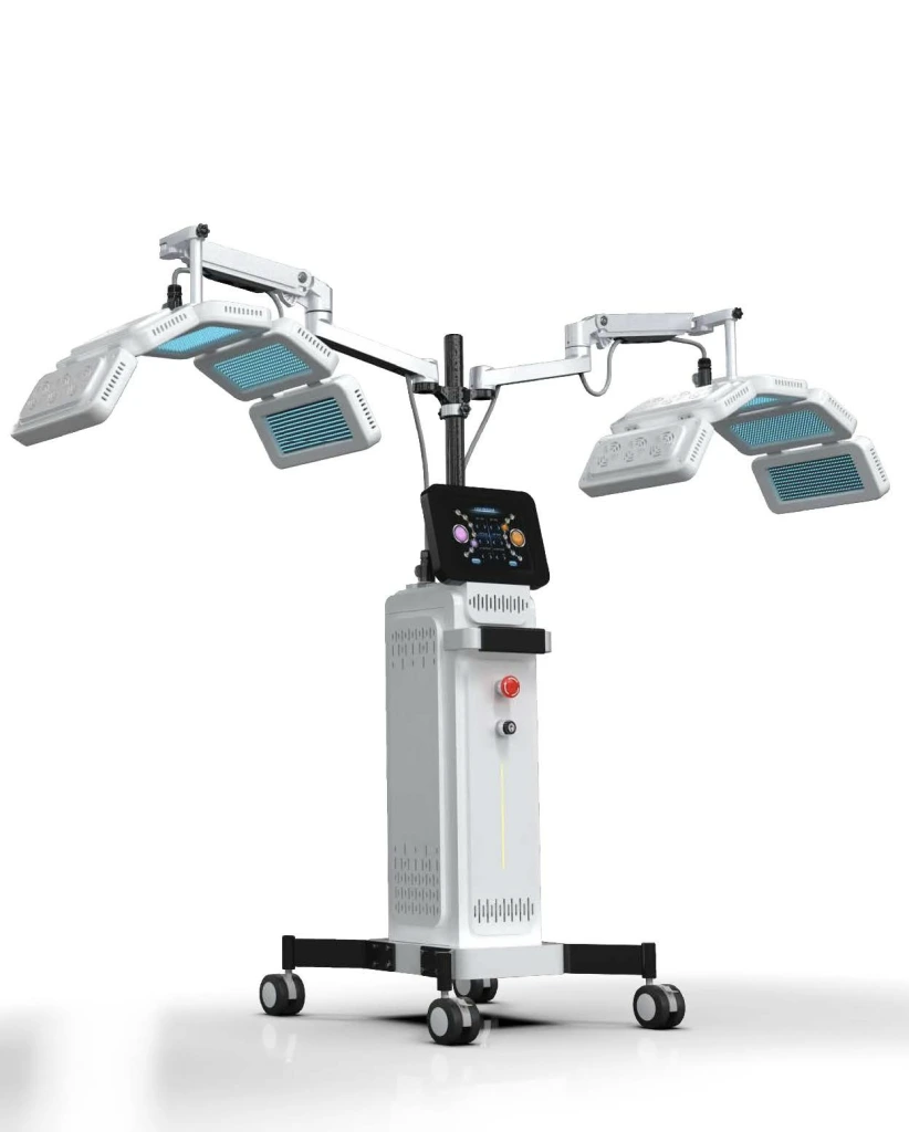 LED light therapy machine with dual adjustable arms and blue light panels mounted on wheeled pedestal